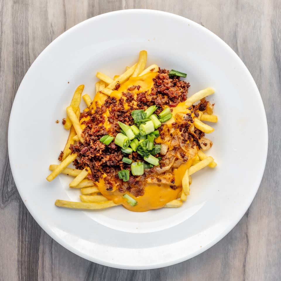 Loaded fries with melted cheese, bacon bits, caramelized onions, and chopped green onions on a white plate.